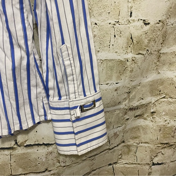 Express Blue White Striped Cotton Stretch V Neck Button Up Top - Picture 4 of 6
